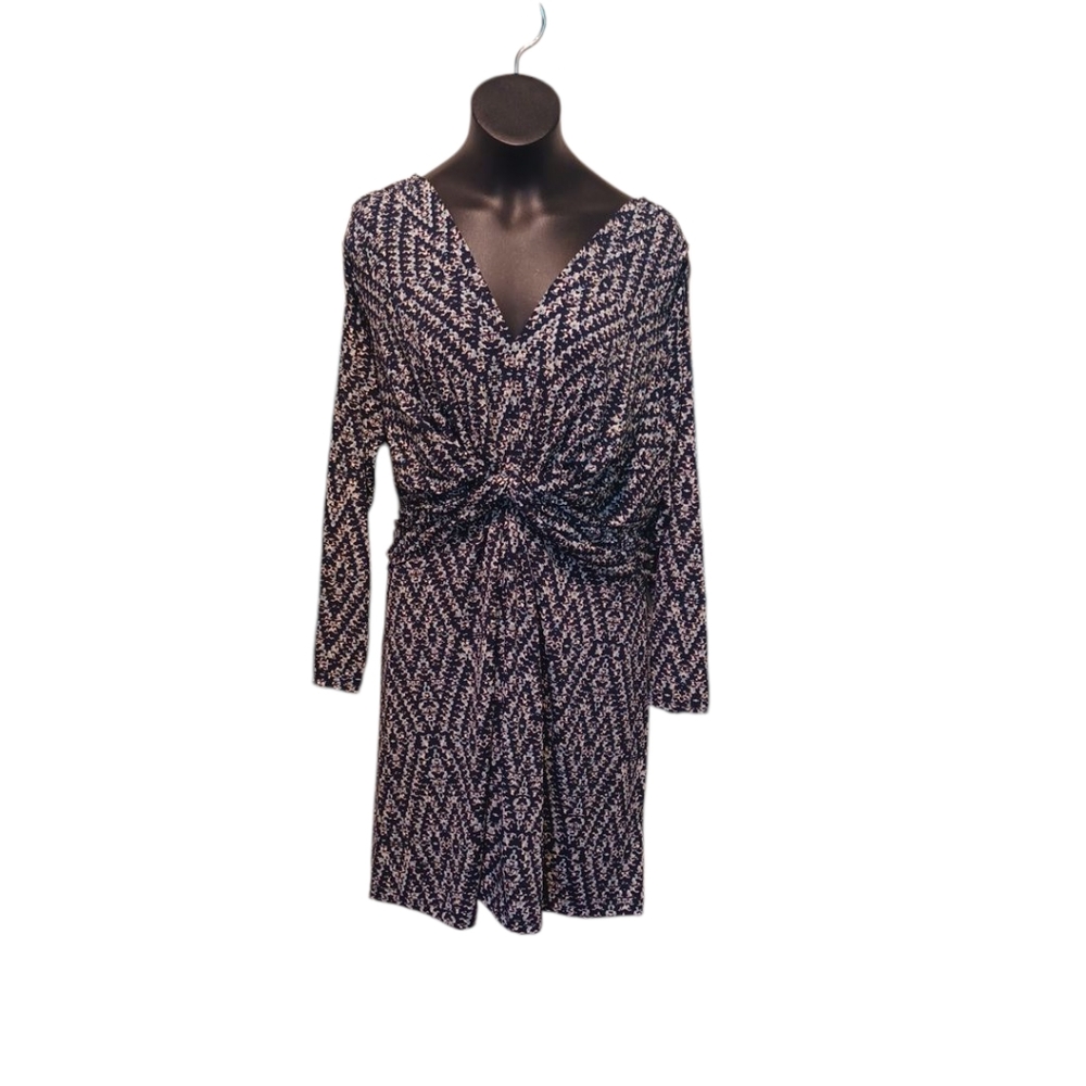 Motherhood Maternity L Chic Black/ Blue & White Patterned Dress 6527